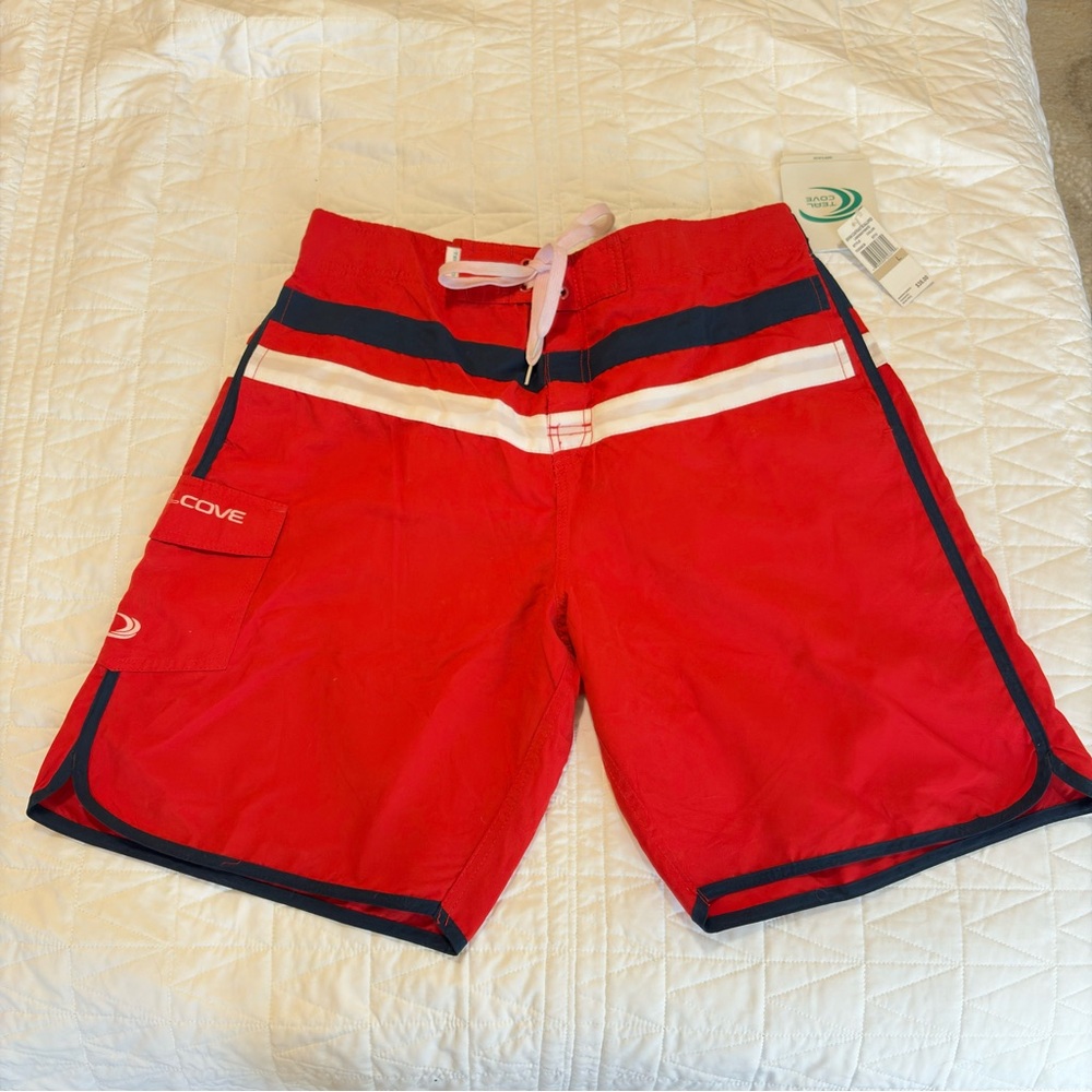 TEAL COVE Men’s Red Swim Shorts Size L NWT Striped Side Pocket